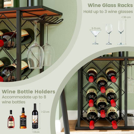 Countertop Wine Rack, 8 Bottles, 3 Glasses, Storage Box