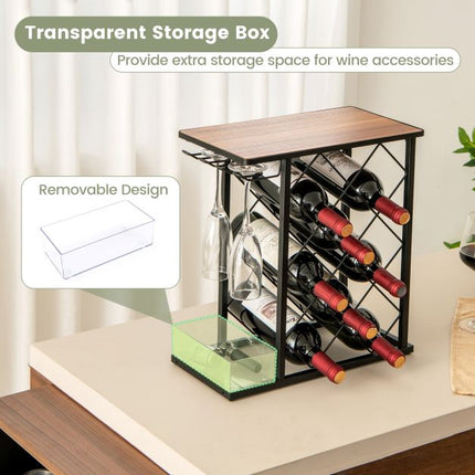Countertop Wine Rack, 8 Bottles, 3 Glasses, Storage Box