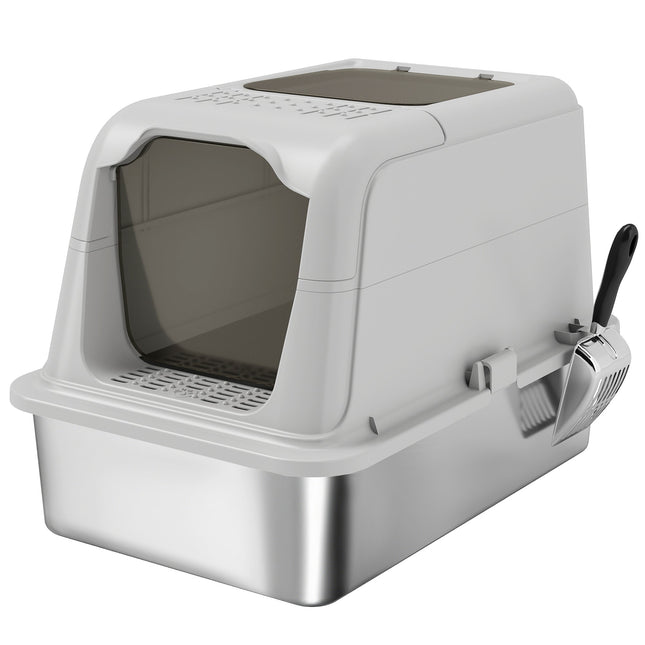 Covered Cat Litter Box, Stainless Tray, Front Entry, Top Exit