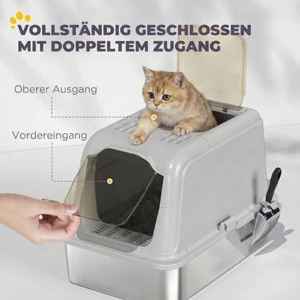 Covered Cat Litter Box, Stainless Tray, Front Entry, Top Exit