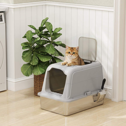 Covered Cat Litter Box, Stainless Tray, Front Entry, Top Exit