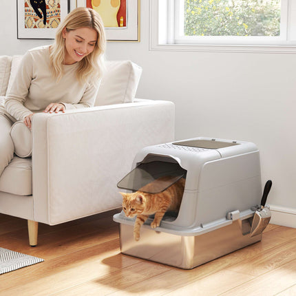 Covered Cat Litter Box, Stainless Tray, Front Entry, Top Exit