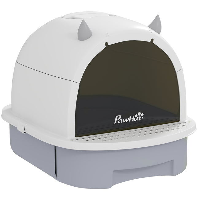 Covered Cat Litter Box with Drawer and Scoop, Grey/White