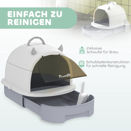Covered Cat Litter Box with Drawer and Scoop, Grey/White