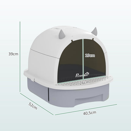 Covered Cat Litter Box with Drawer and Scoop, Grey/White