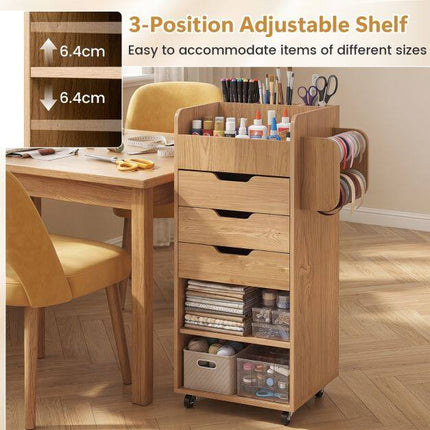 Craft Storage Trolley with Drawers and Shelves, Natural