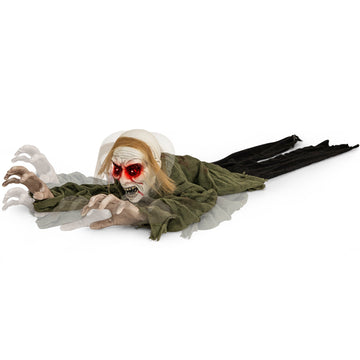 Crawling Zombie Halloween Decoration with Light-Up Eyes, Creepy Sound