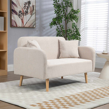 Cream 2-Seater Sofa with Cushions, Modern Design, Wood Legs