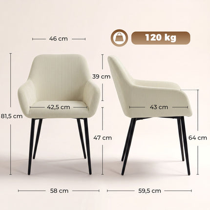 Cream Dining Chairs Set of 2, Padded with Metal Legs