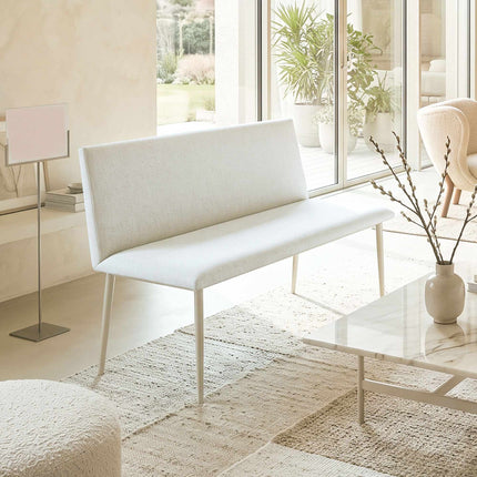 Cream Linen-Look Dining Bench, Armless, 120cm, Metal Legs