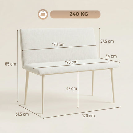 Cream Linen-Look Dining Bench, Armless, 120cm, Metal Legs