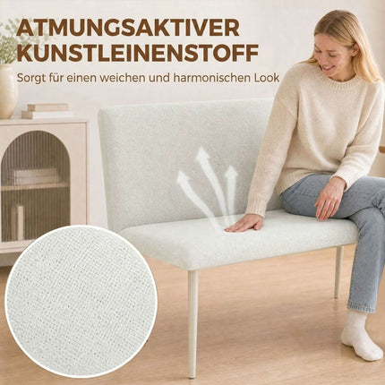Cream Linen-Look Dining Bench, Armless, 120cm, Metal Legs
