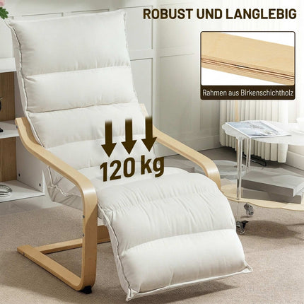 Cream Lounge Chair with Adjustable Footrest, Birch Frame