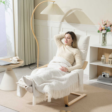 Cream Lounge Chair with Adjustable Footrest, Birch Frame