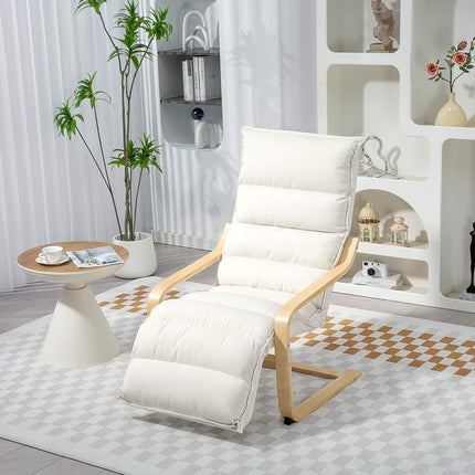 Cream Lounge Chair with Adjustable Footrest, Birch Frame