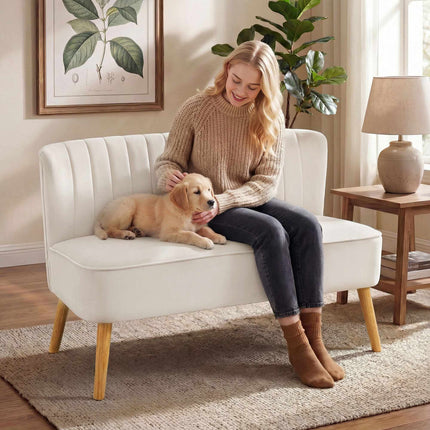 Cream White 2-Seater Sofa, Durable Fabric, Wood Legs