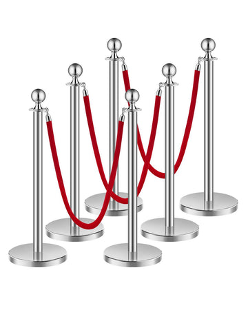 Crowd Control Stanchion Post Set, 6 Pcs, 3 Red Ropes