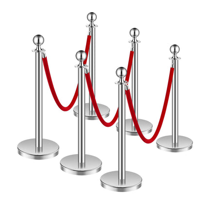 Crowd Control Stanchion Post Set, 6 Pcs, 3 Red Ropes