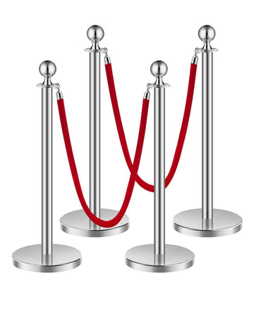 Crowd Control Stanchion Set, 4 Posts, 2 Velvet Ropes, 5 ft