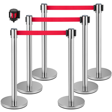 Crowd Control Stanchion Set, 6 Pack, 6.6ft Red Belt, Stainless Steel