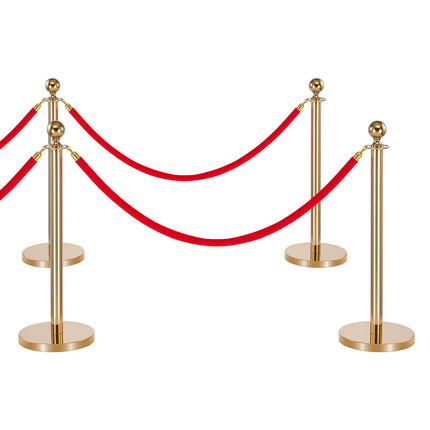 Crowd Control Stanchion Set, 6 Posts, 4 Velvet Ropes, Gold