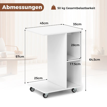 C-shaped side table, narrow side table with shelves, mobile bedside table for living room, white