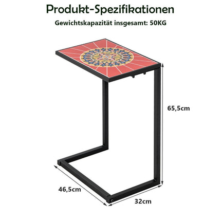 C-shaped side table sofa table with metal frame patio table 46.5 x 32 x 65.5 cm black + red