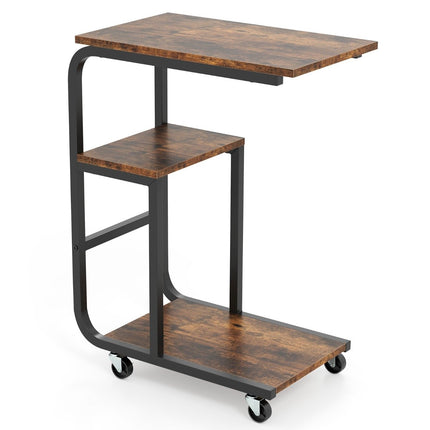 C-shaped side table with open shelves and lockable wheels. Space-saving sofa table