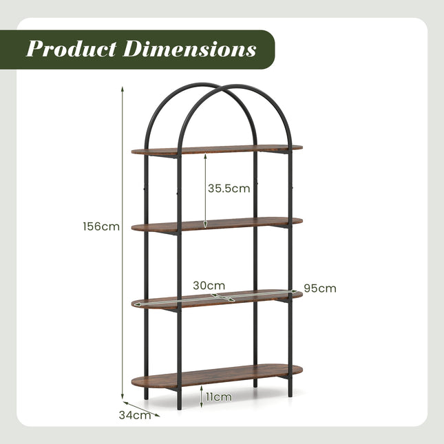 Curved 4-Tier Bookshelf with Metal Frame and Wood Shelves