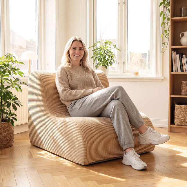 Gebogen vloerbank, machinewasbare hoes, beige
