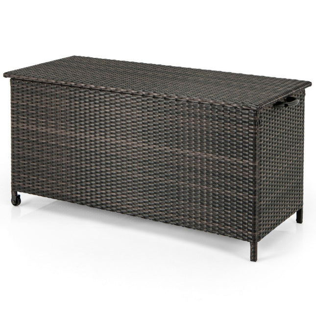 Cushion box with wheels & 320 L capacity Waterproof poly rattan cushion box brown