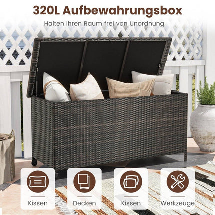 Cushion box with wheels & 320 L capacity Waterproof poly rattan cushion box brown