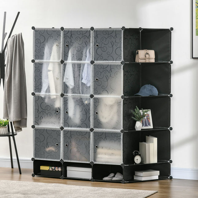 Modular wardrobe shelving system with 16 cubes and 2 rods