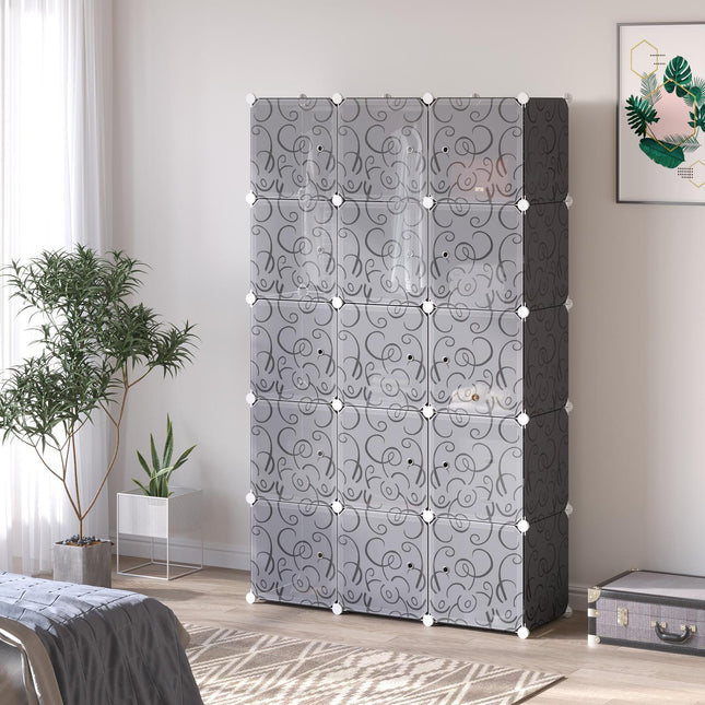 Modular wardrobe shelving system with 11 cubes, black