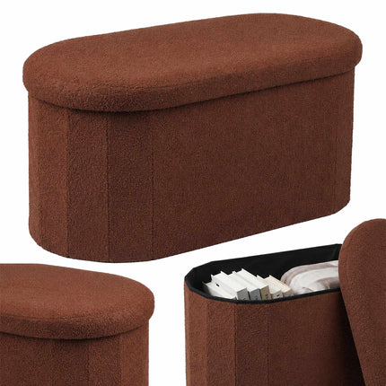 Dark Brown Teddy Fabric Storage Bench, Oval Shape