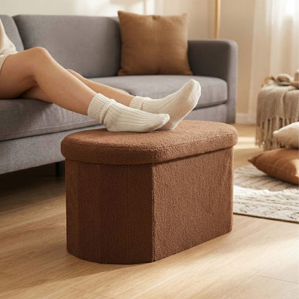 Dark Brown Teddy Fabric Storage Bench, Oval Shape