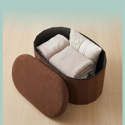 Dark Brown Teddy Fabric Storage Bench, Oval Shape
