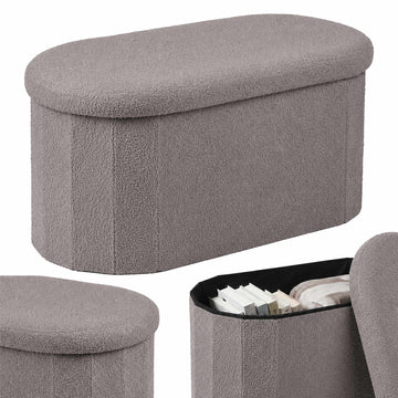 Dark Gray Teddy Fabric Storage Bench, Oval Shape