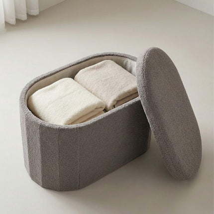 Dark Gray Teddy Fabric Storage Bench, Oval Shape