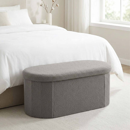 Dark Gray Teddy Fabric Storage Bench, Oval Shape