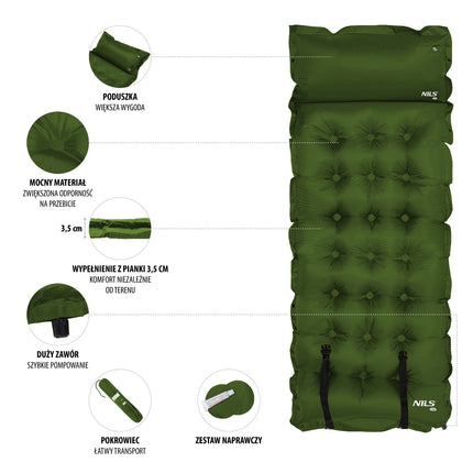 Dark Green Self-Inflating Camping Mat, Compact