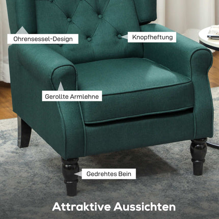 Dark Green Wingback Chair with Foam Cushions, Wood Frame
