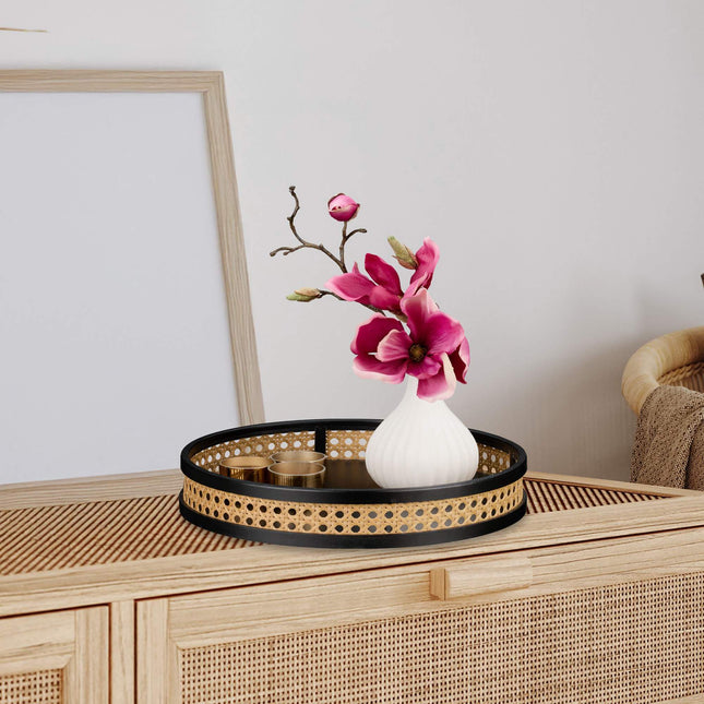 Decorative Wooden Tray with Rattan Edge – Black