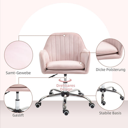 Pink Velvet Office Chair - Adjustable swivel with armrests