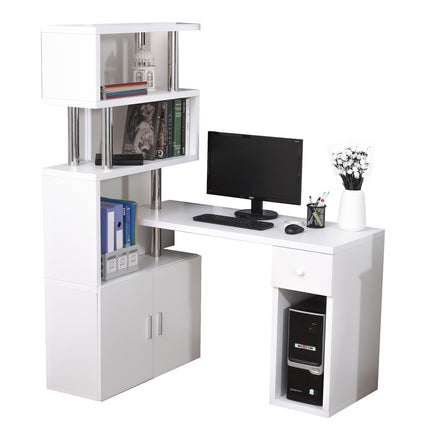 L-shaped white corner desk with bookshelf and drawer, 120x80x164 cm