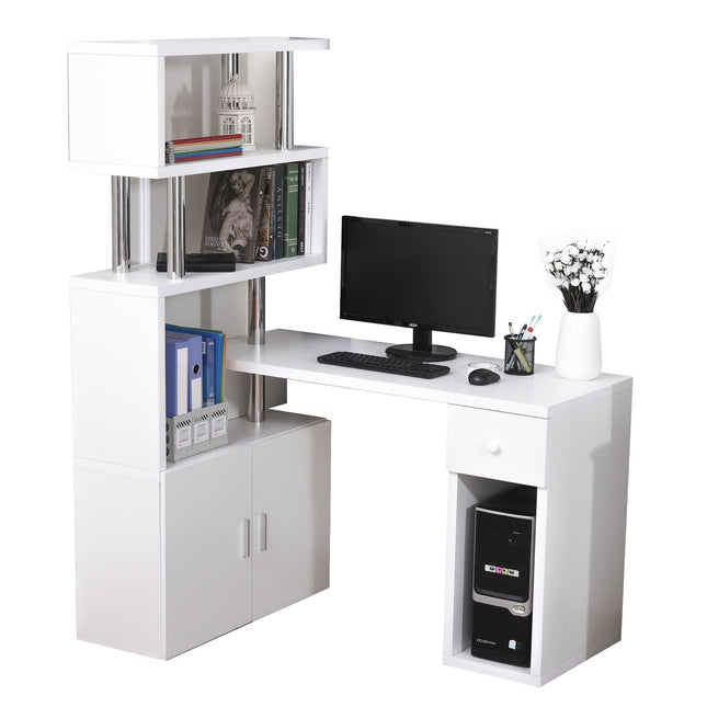 L-shaped white corner desk with bookshelf and drawer, 120x80x164 cm