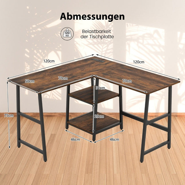 Desk L-Shape Corner Desk with Sockets &amp; USB ports 120 x 120 x 75 cm rustic brown