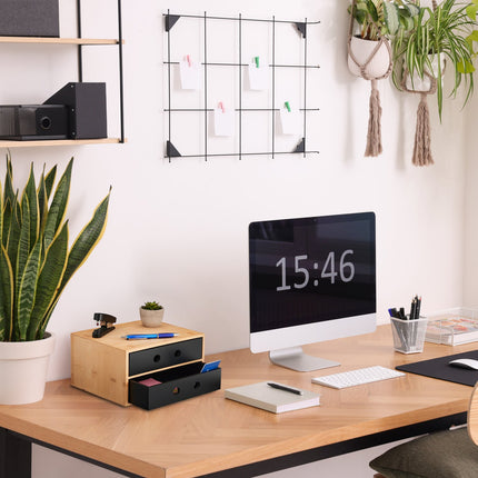 Desk Organiser with 2 Drawers, Bamboo Storage