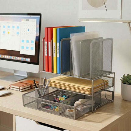 Desk Organizer, 6 Compartments, Drawer, Steel Mesh