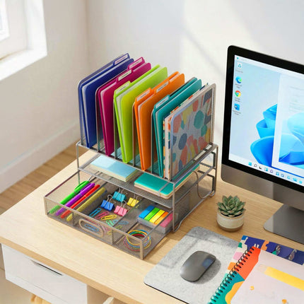Desk Organizer, 6 Compartments, Drawer, Steel Mesh